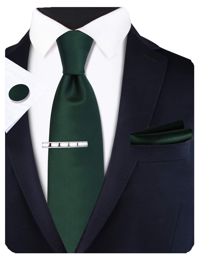GUSLESON Solid Dark Green Ties For Men Wedding Tie Clip Neckties and Pocket Square Cufflinks Sets (6101-02) - Image 2